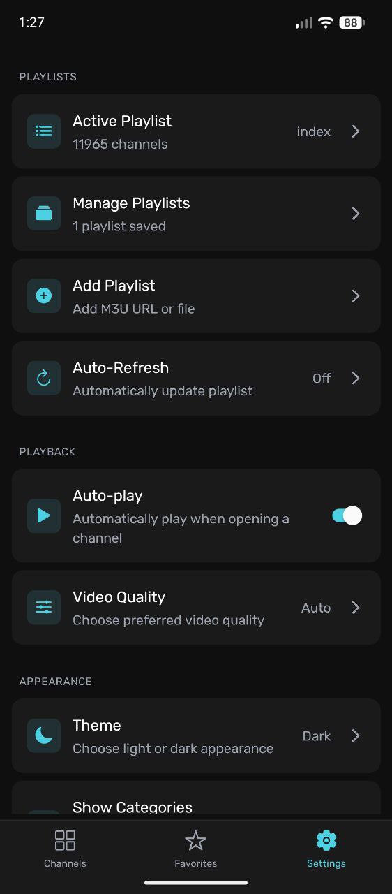 Settings screen